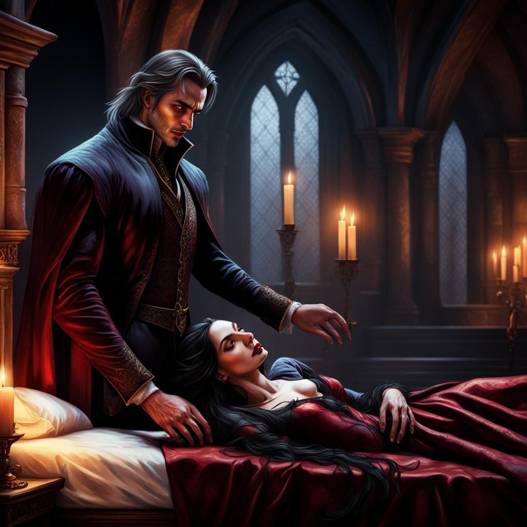 Vampire in Castle Chamber, Dark Fantasy Art