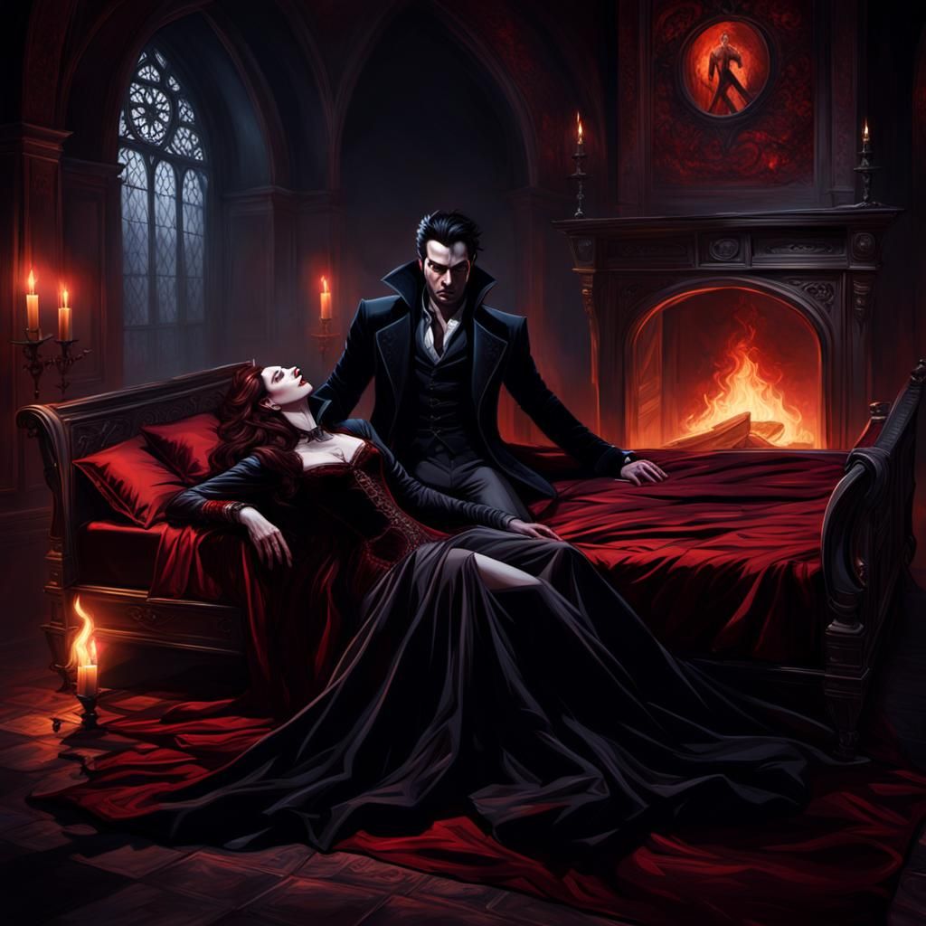 Vampire Looms Over Gothic Woman: Dark Fantasy Art