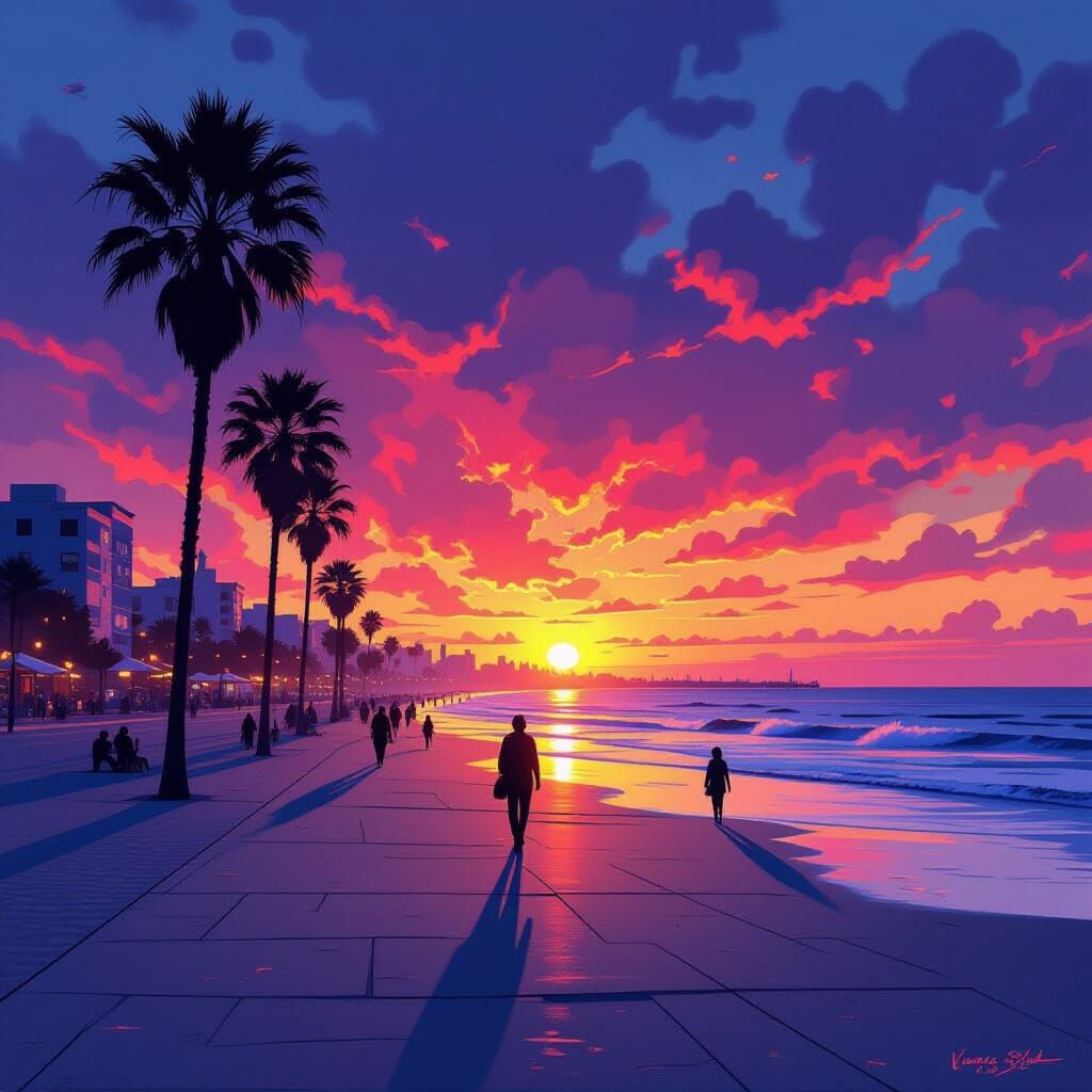 Venice Beach Boardwalk Sunset: Iridescent Stencil Art