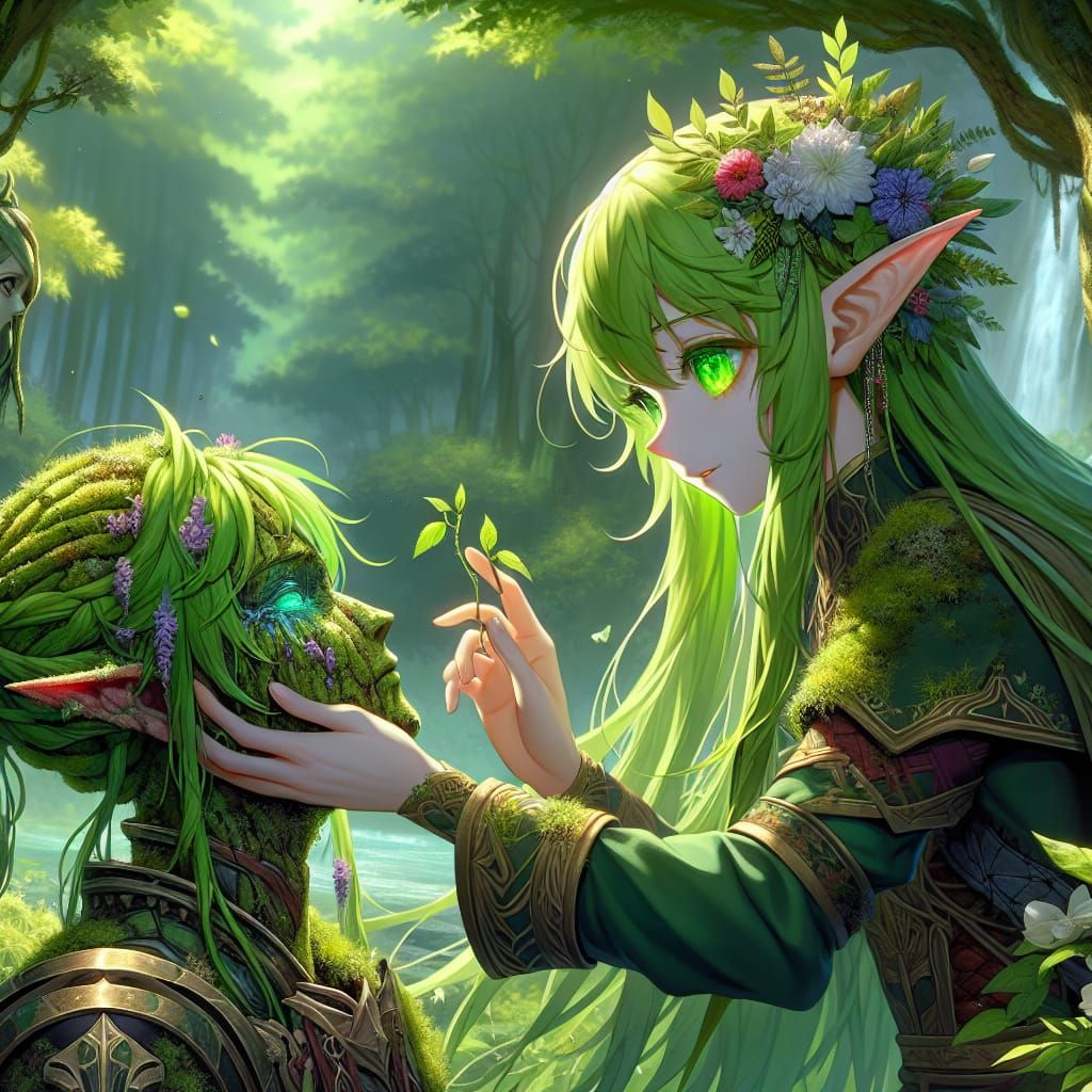 Ethereal Druid Elf Girl in Verdant Forest Sanctuary