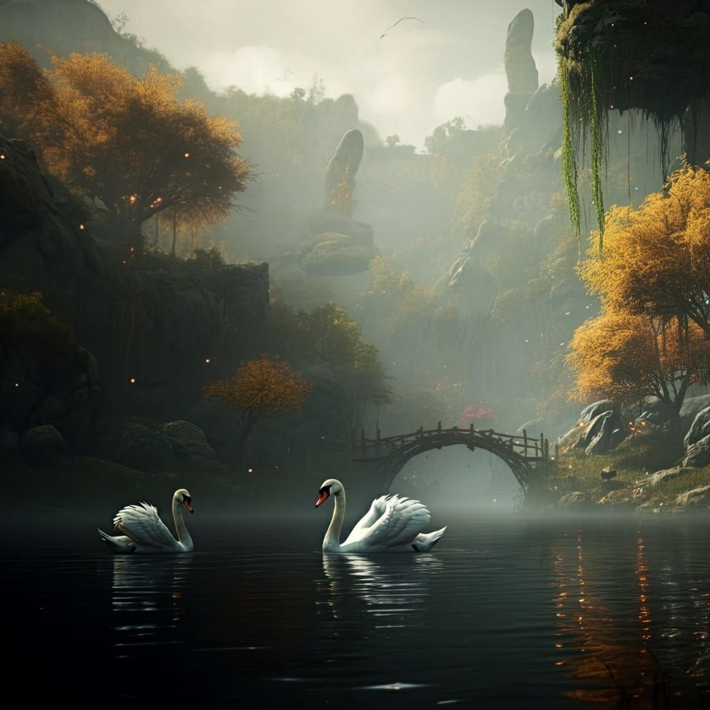Swans Glide on Mystical Lake: Fantasy Art