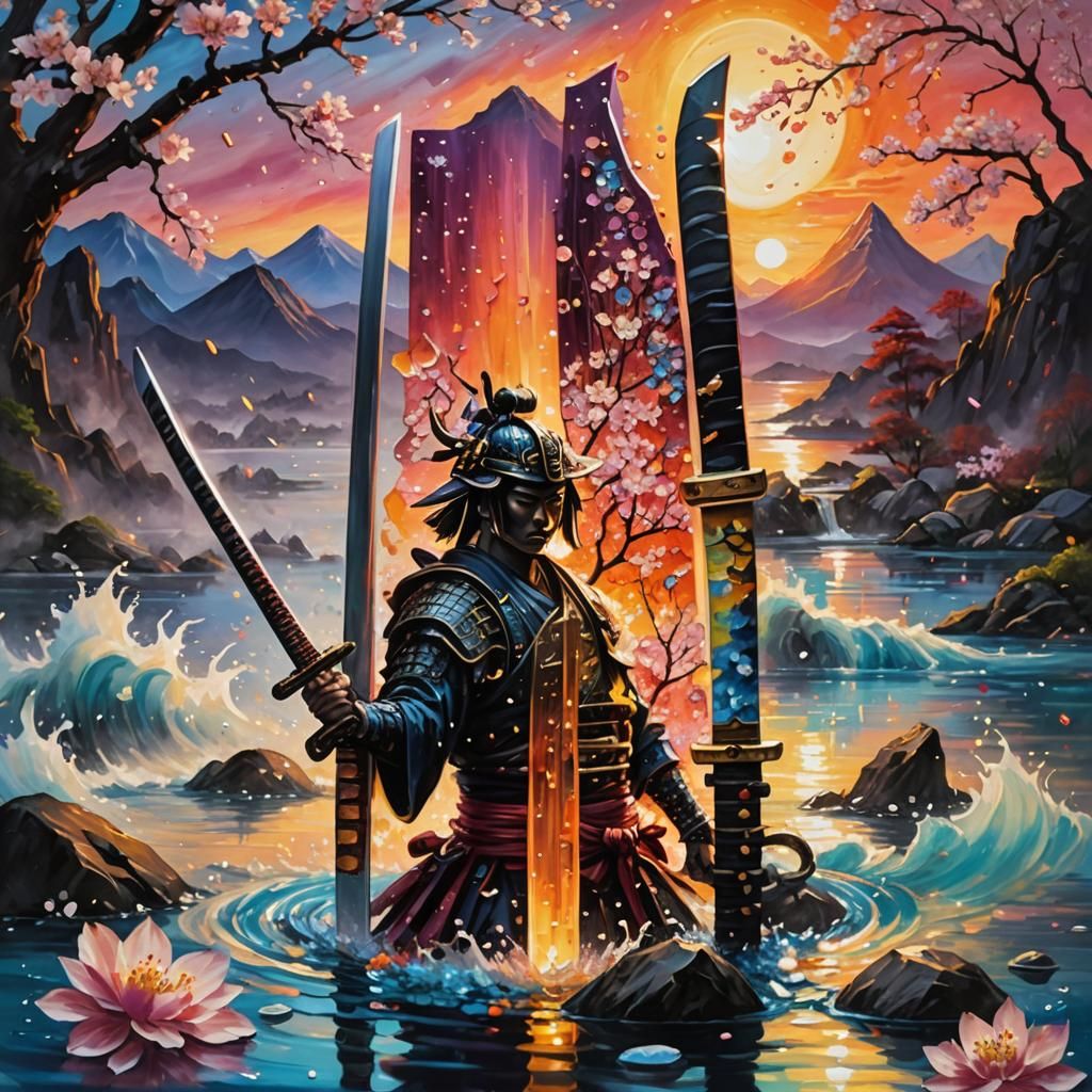 Close-up image of a katana, vertically stuck into the water against the backdrop of a burning sunset, silhouette of a sa...