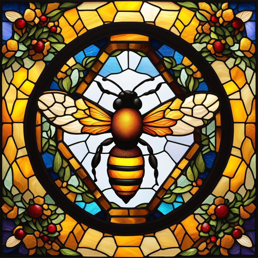 Hyperrealistic Stained Glass Honeybee Window in 3D
