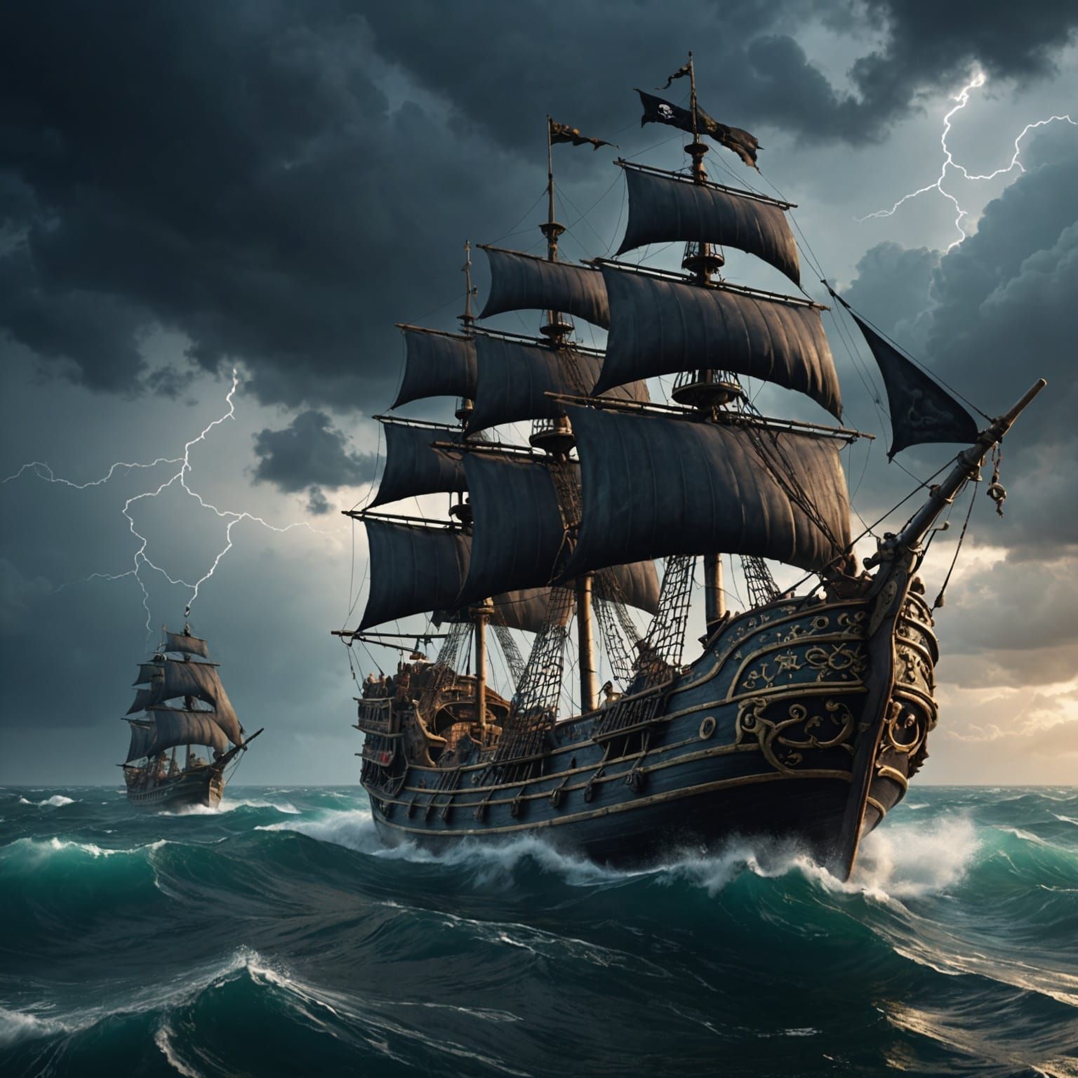 Pirate Ship Amidst Stormy Seas: Fantasy Concept Art