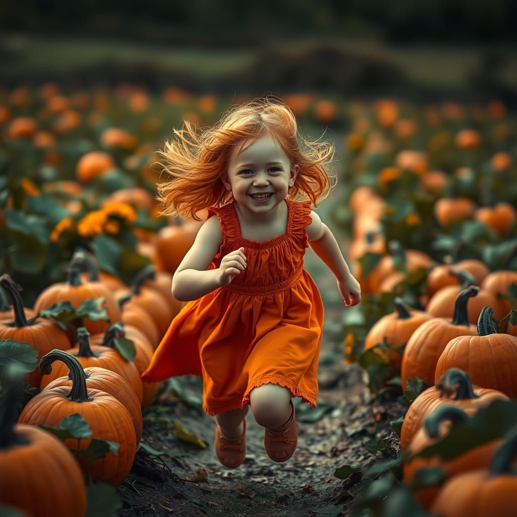 Joyful Girl Runs Through Pumpkin Patch: Hyperrealistic