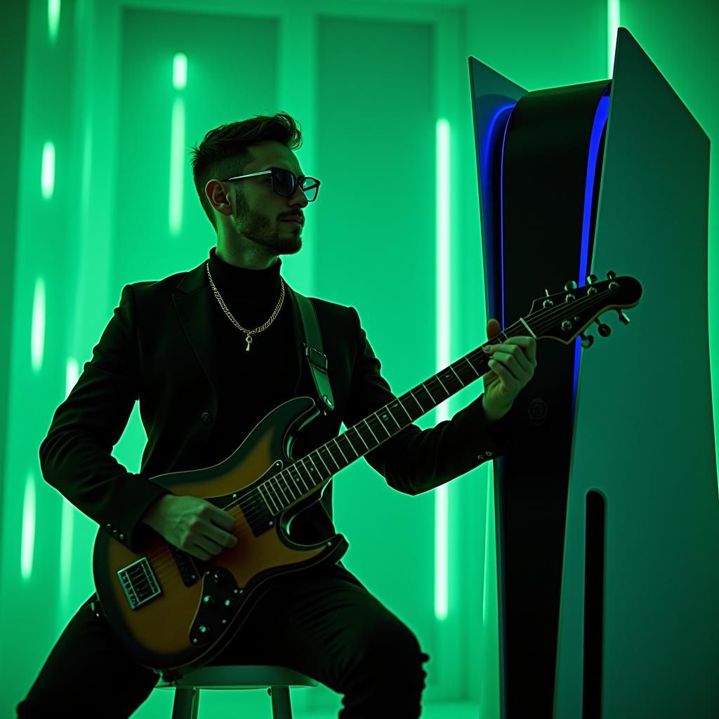 Confident Guitarist with PlayStation 5 Setup