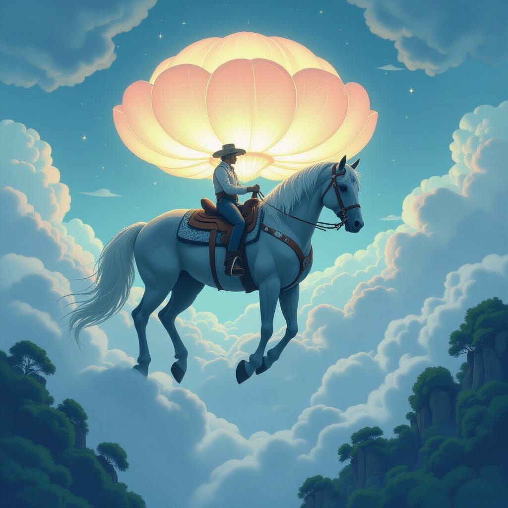 Cowboy Pilot Rides Bioluminescent Horse in Clouds