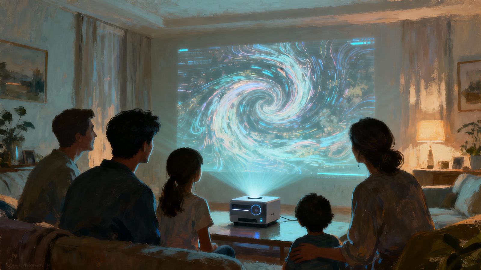 Family Gathers Around Holographic Memory Projector in 2085