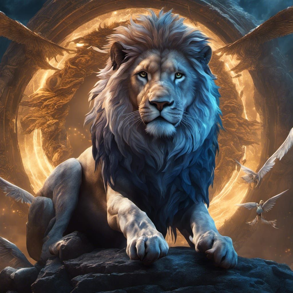 Majestic Blue Lion with Wings and Halo