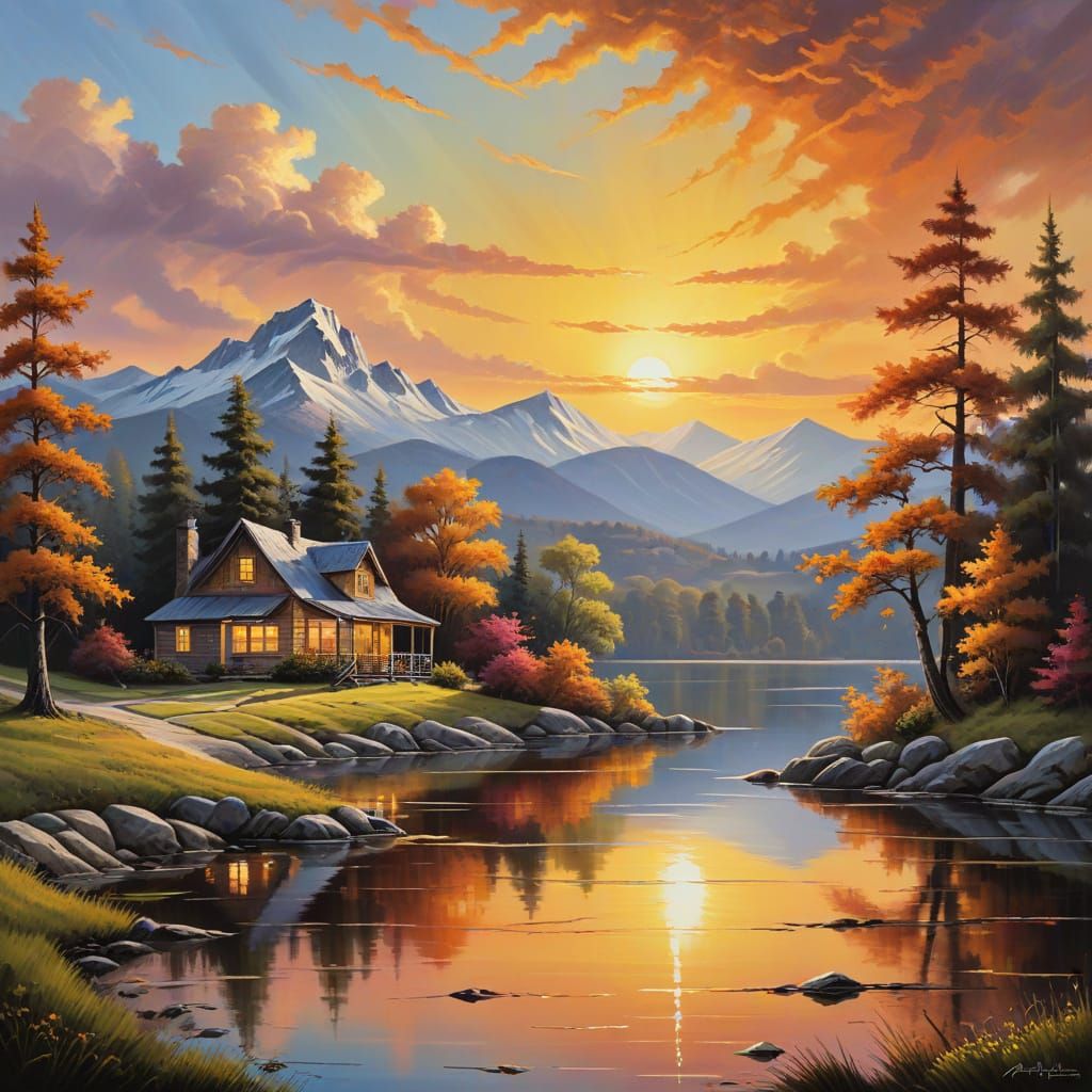 Serene Sunset Landscape in Warm Oil Painting Style