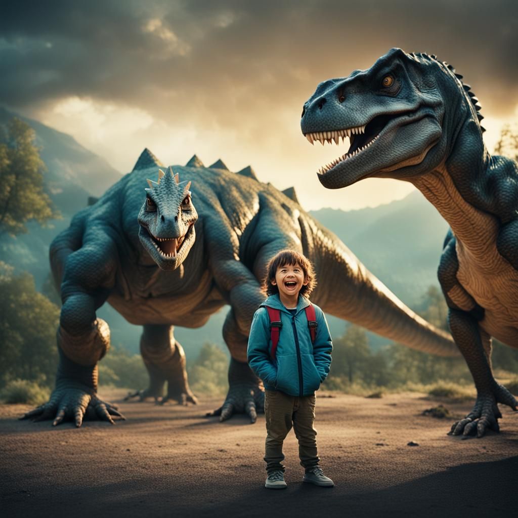 Dinosaur and Child: A Cinematic Film Still