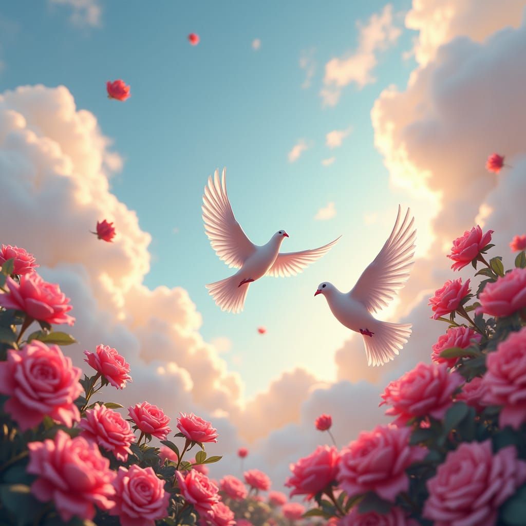 Doves and Roses in Ethereal Sky, Fantasy Art