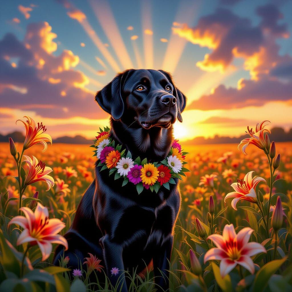 Labrador Retriever and Torch Lily Hybrid in Dreamy Field