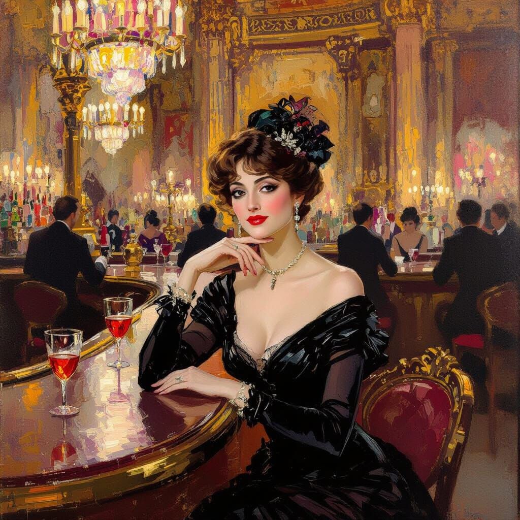 Elegant Woman at Folies Bergere Bar, Impressionist Oil Paint...