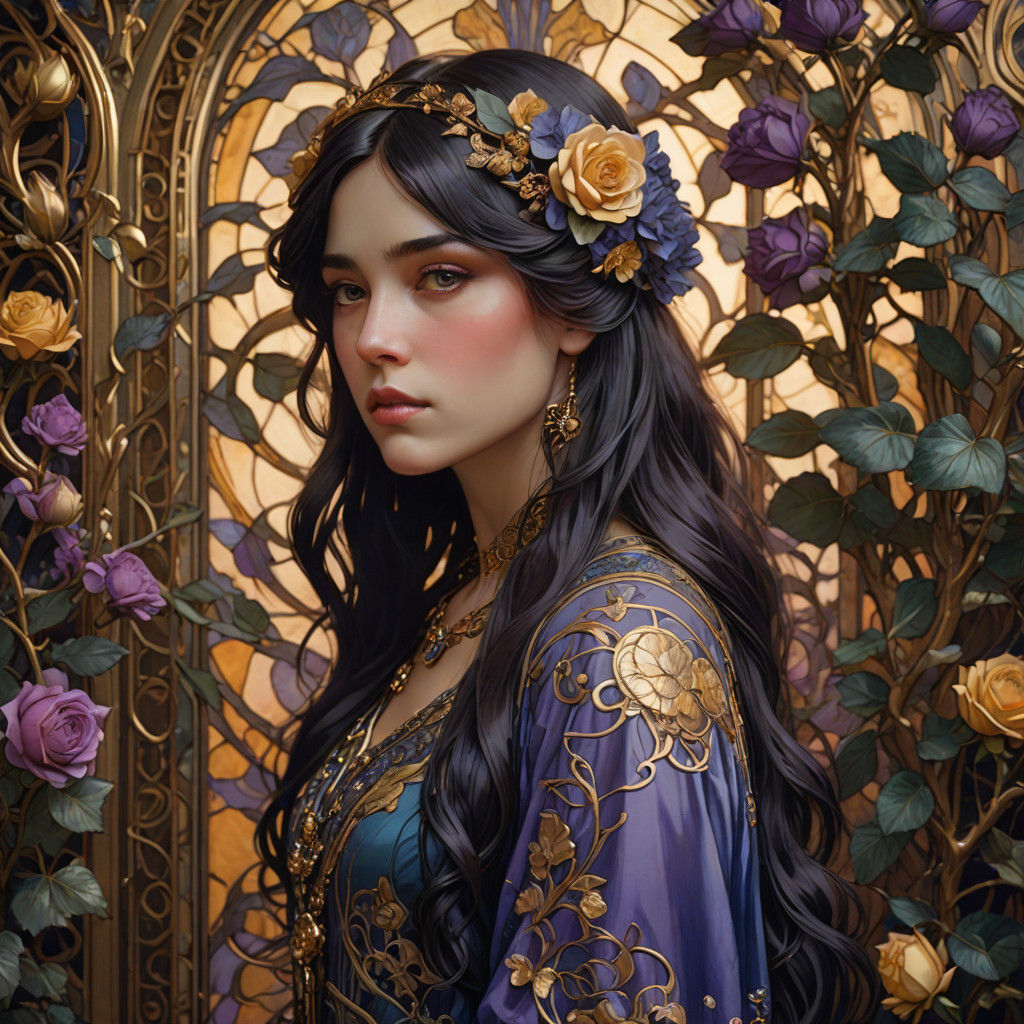 Ethereal Art Nouveau Girl Basks in Soft Golden Light