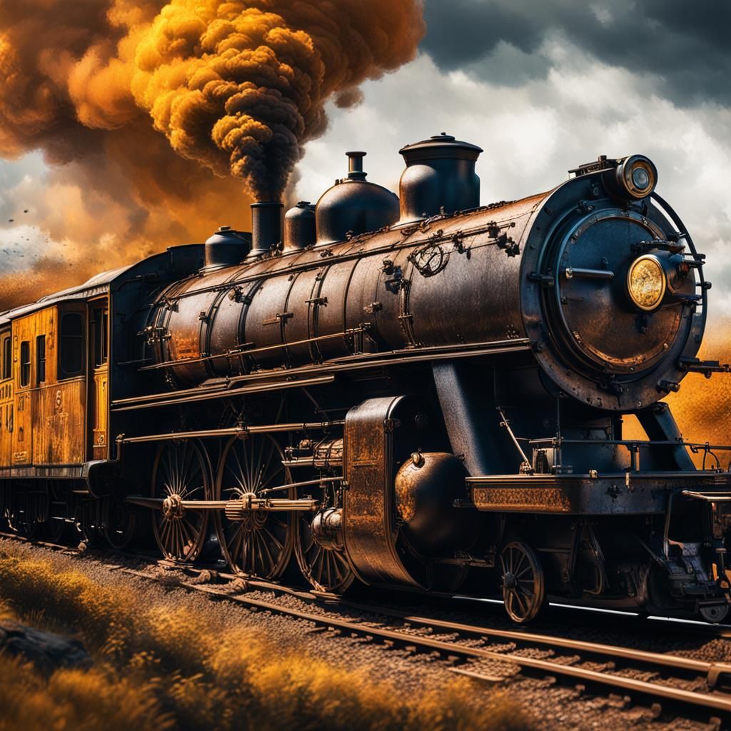 ochre and black, detailed, steam train scene