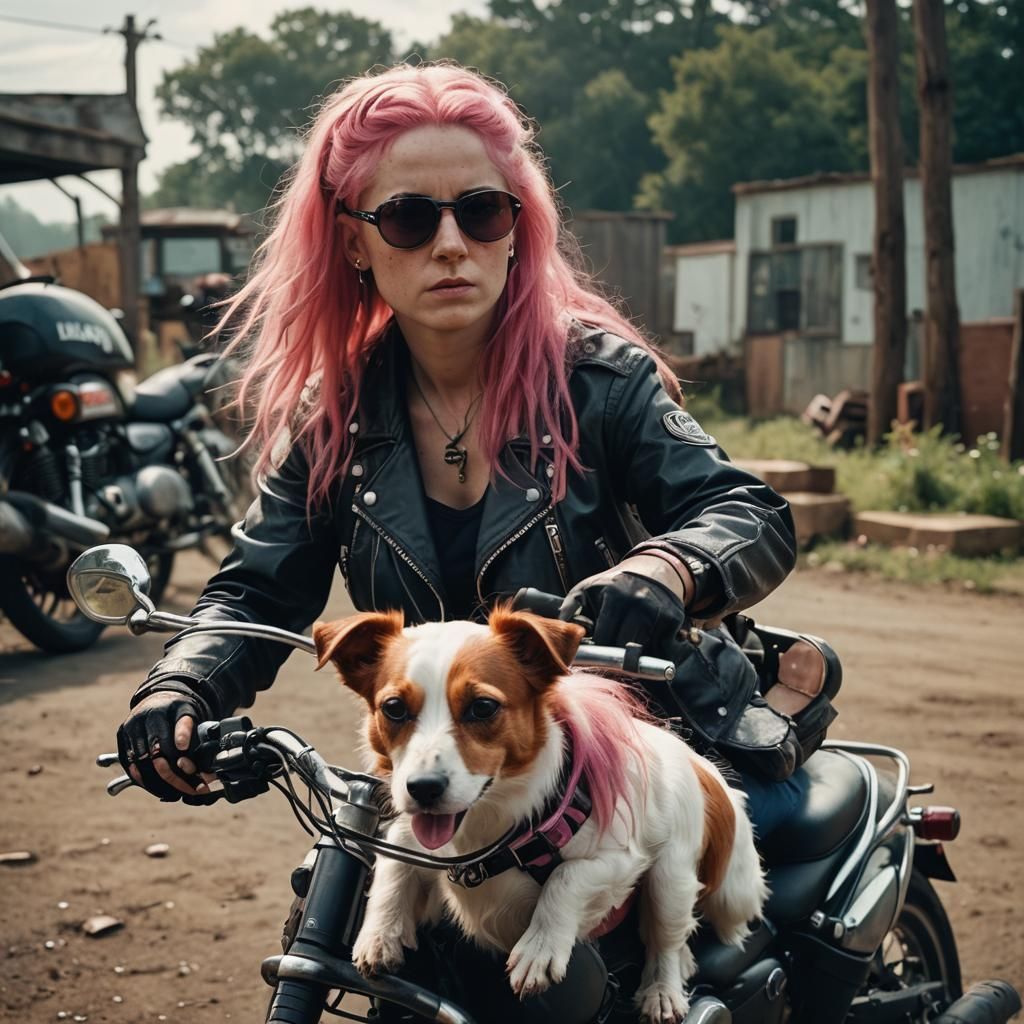 Biker Chick with Pink Hair and Jack Russell