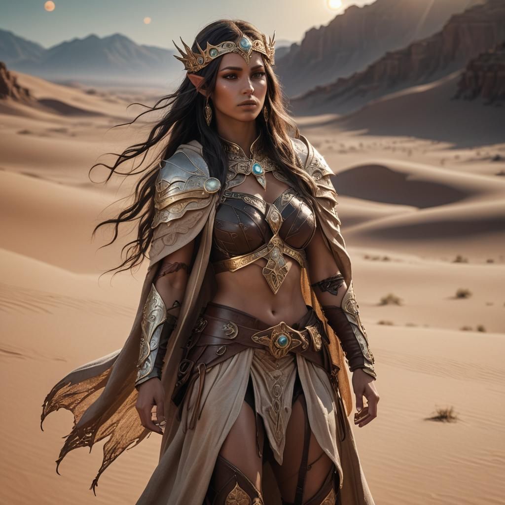 Elf Adventurer in Desert Landscape, Frazetta-Inspired Art