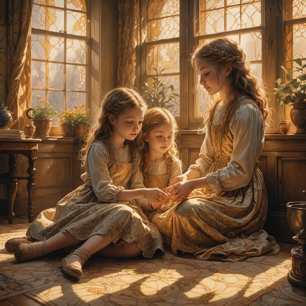 Sisters Playing: Whimsical Illustration with Golden Light