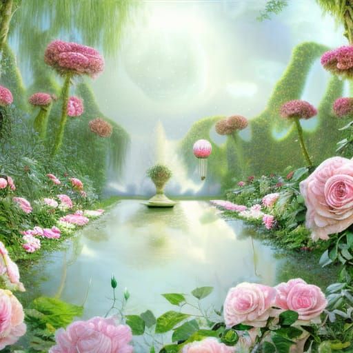 Albino Peacocks in Hyperrealistic Romantic Garden