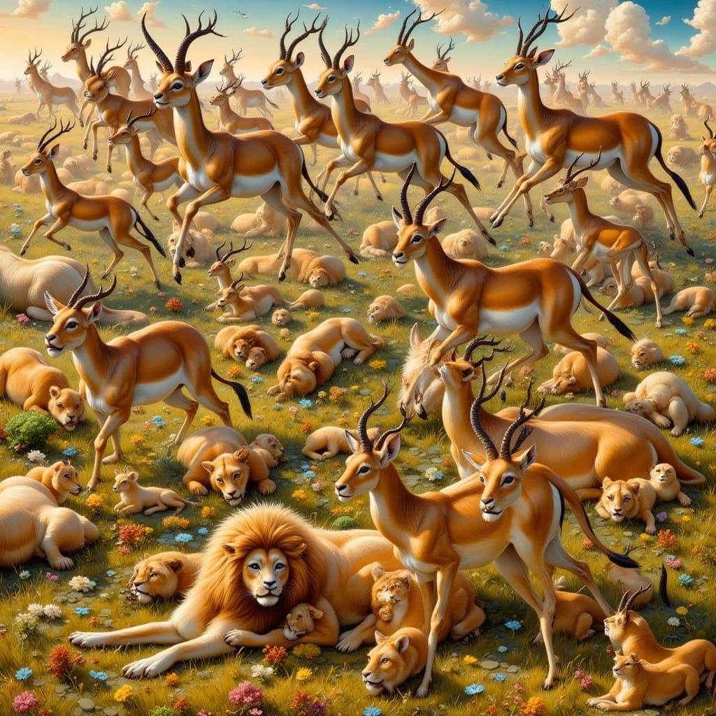 Gazelles Leap Over Sleeping Lions at Golden Hour