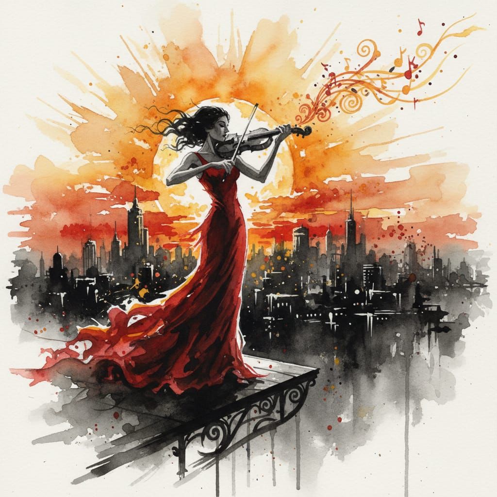Violinist in Red Dress Amidst Cityscape at Sunset