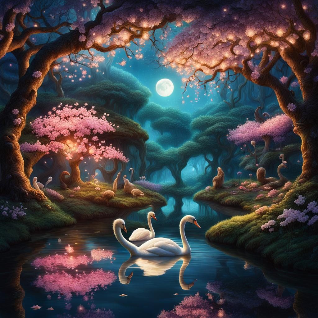 Magical Forest with Swans and Sleeping Woman