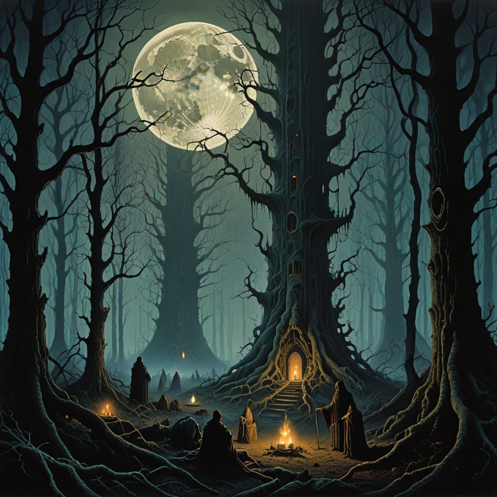 Mysterious Witches Gather in Haunting Forest Landscape
