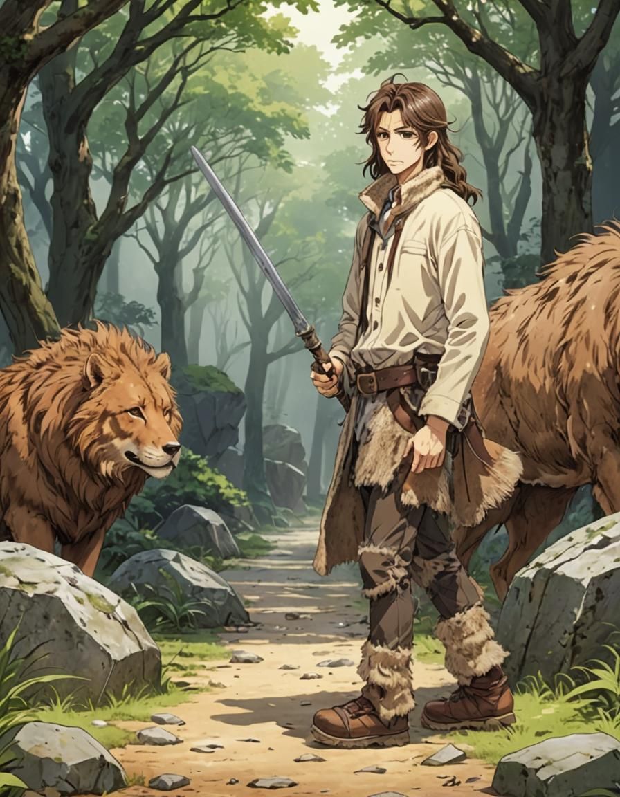 A man with very long, messy brown hair and stubble. He is a Stone Age herder wearing animal skins. He is wearing a loose...