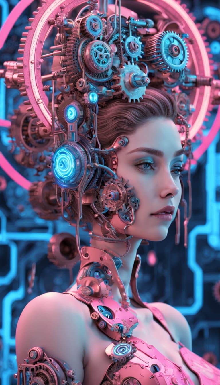 Surreal Clockwork Goddess with Glowing Blue Circuits