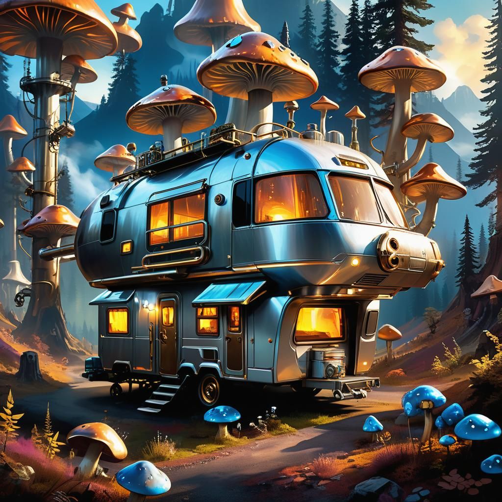 Steampunk RV in Glowing Mushroom Forest