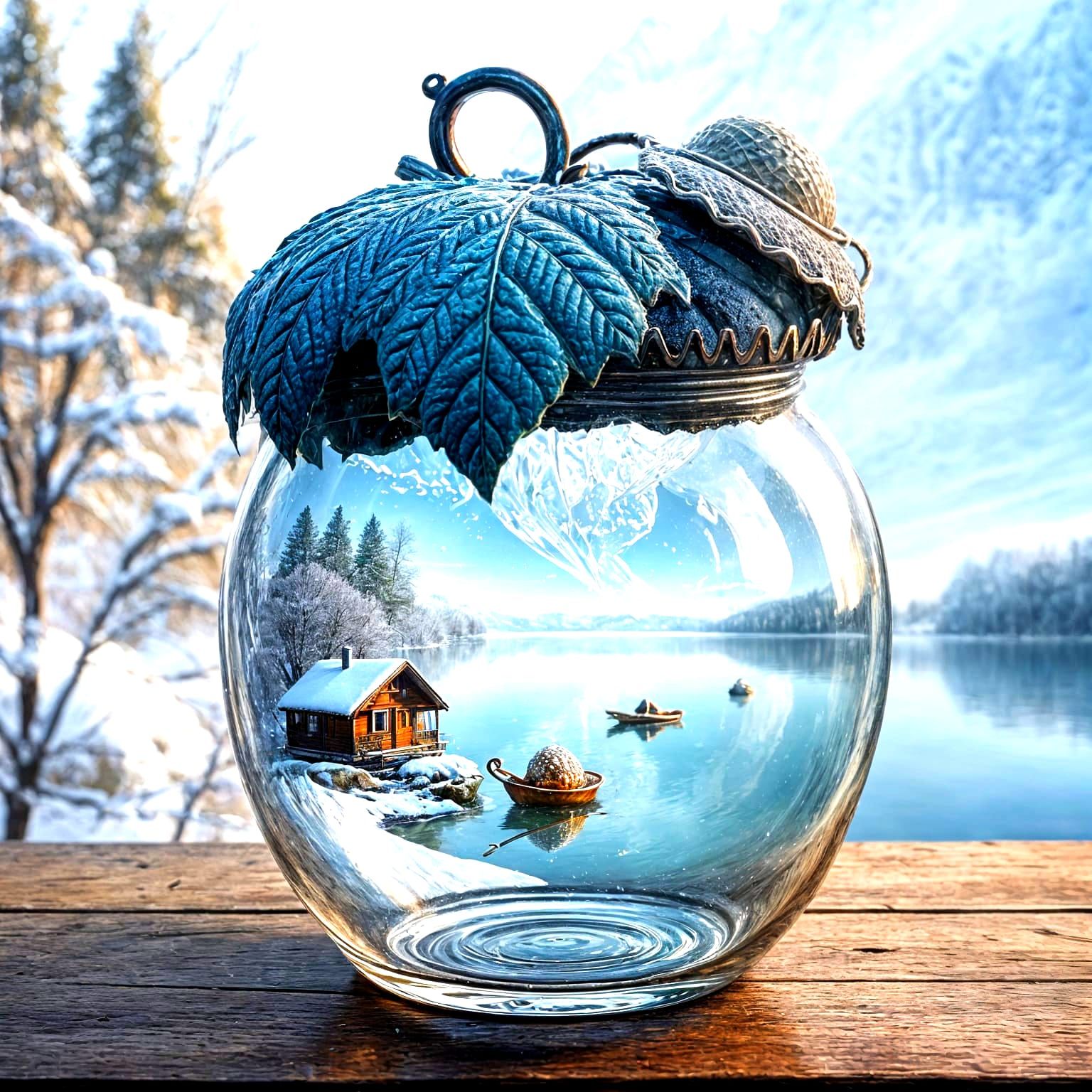 Winter Lake Scene Inside Acorn Glass Jar