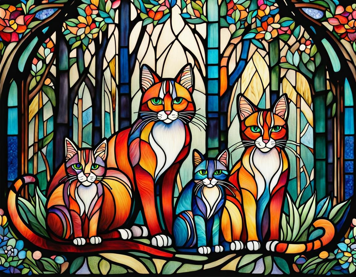 Stained Glass Cats in a Whimsical Forest
