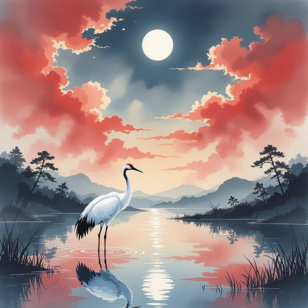 White Crane in Pond Under Red Clouds and Moon Watercolor