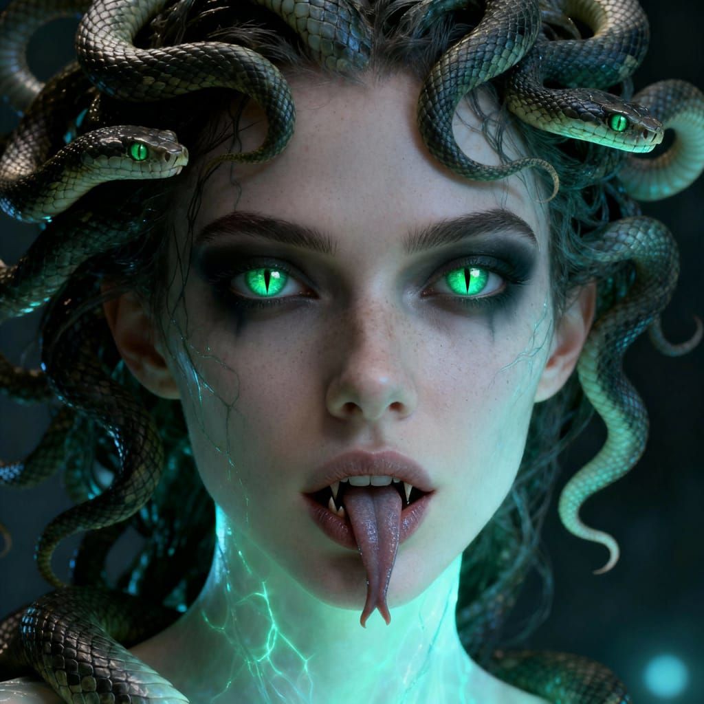 Medusa with Snake Hair and Glowing Green Eyes