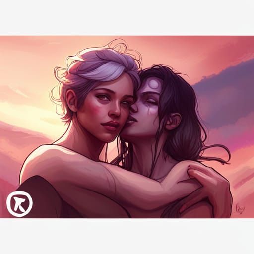 Beautiful Lesbian Love Portrait in Hyperdetailed Style