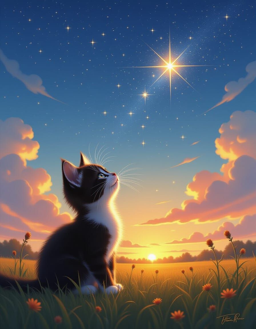 Kitten Gazes at Starry Sky with Divine Sunshine Beams