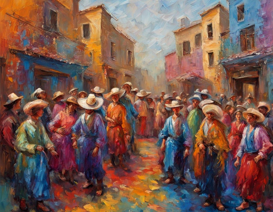Western Pueblo Parade in Expressionist Oil Painting
