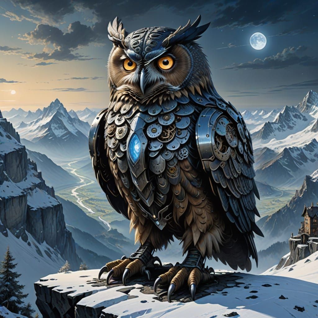 Colossal Mechanical Owl in Swiss Alps