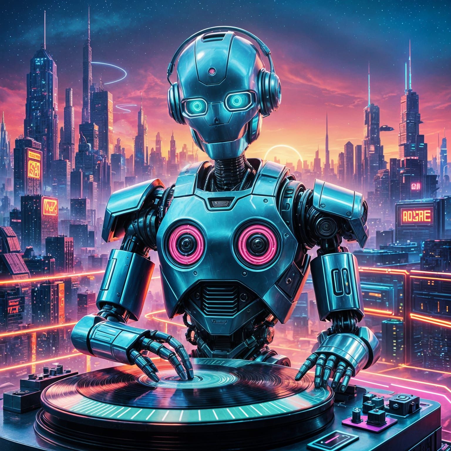 Robot DJ in Retro-Futuristic Neon Cityscape