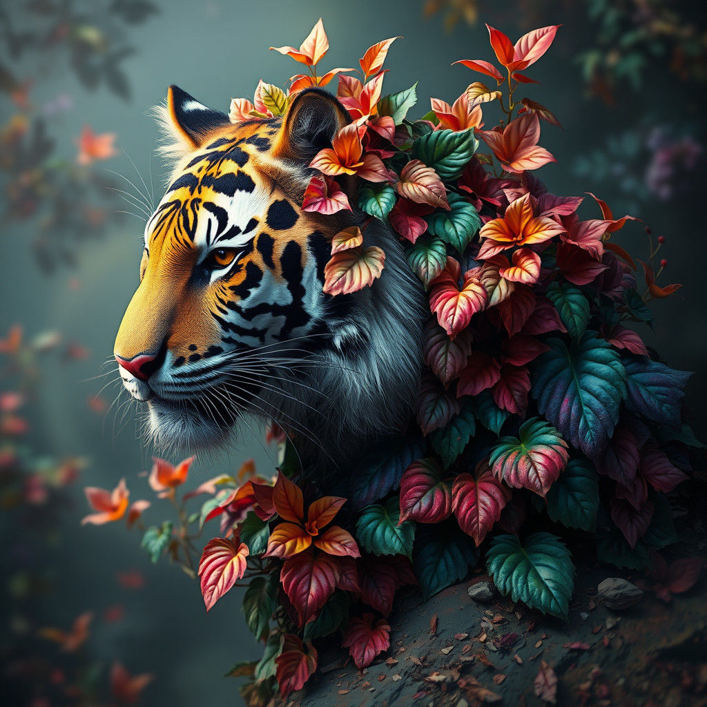 Iridescent Plant-Tiger Fusion: Dreamy Concept Art