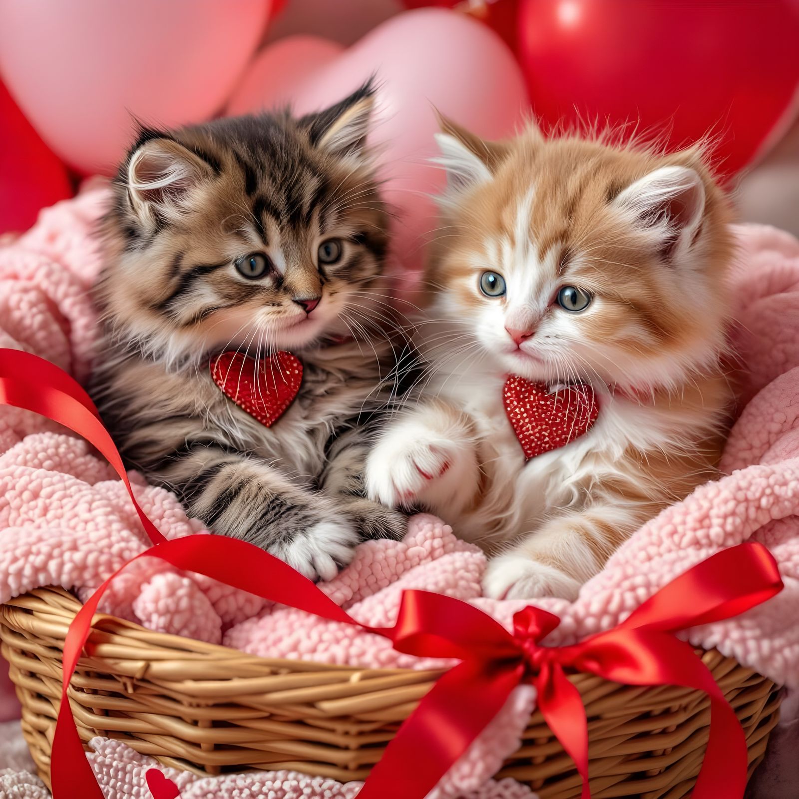 Fluffy Kittens Cuddled in Basket with Heart Balloons