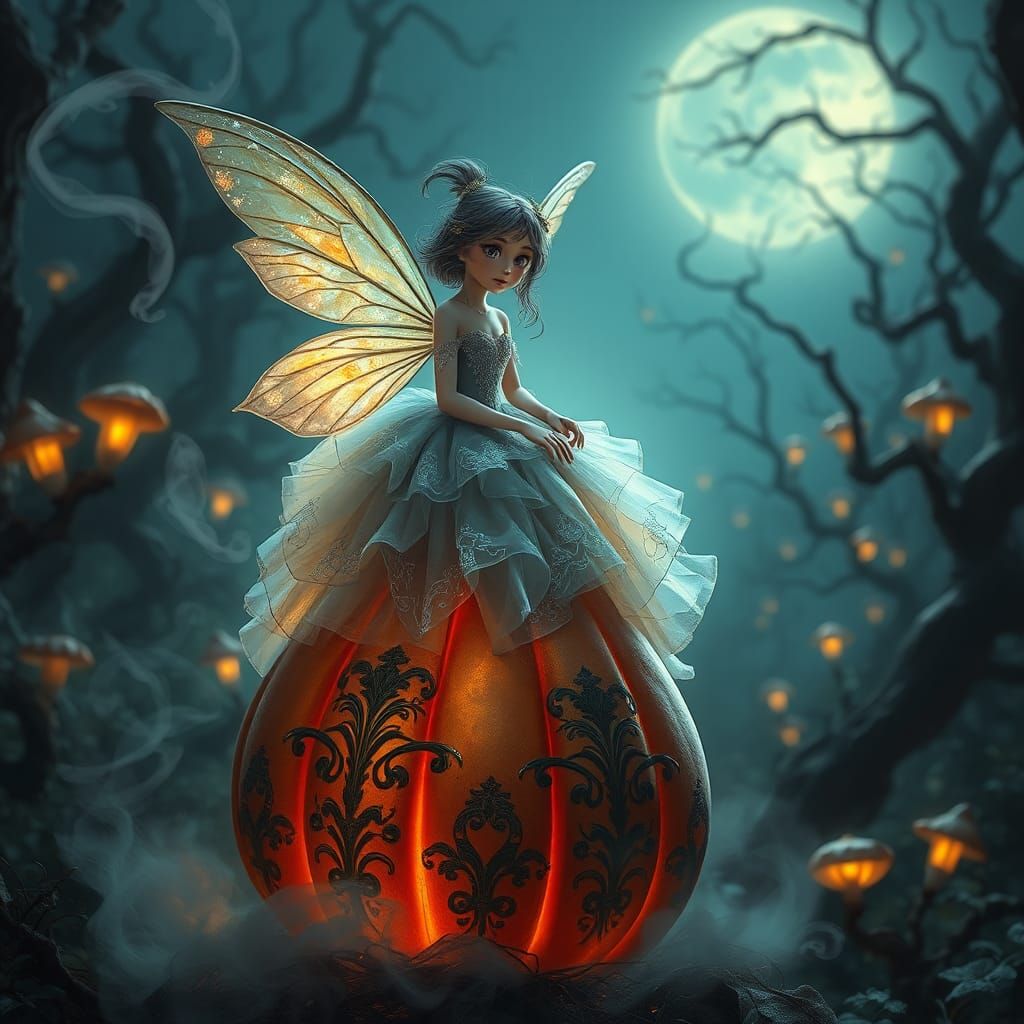 Enchanting Halloween Fairy on Pumpkin in Fantasy Forest