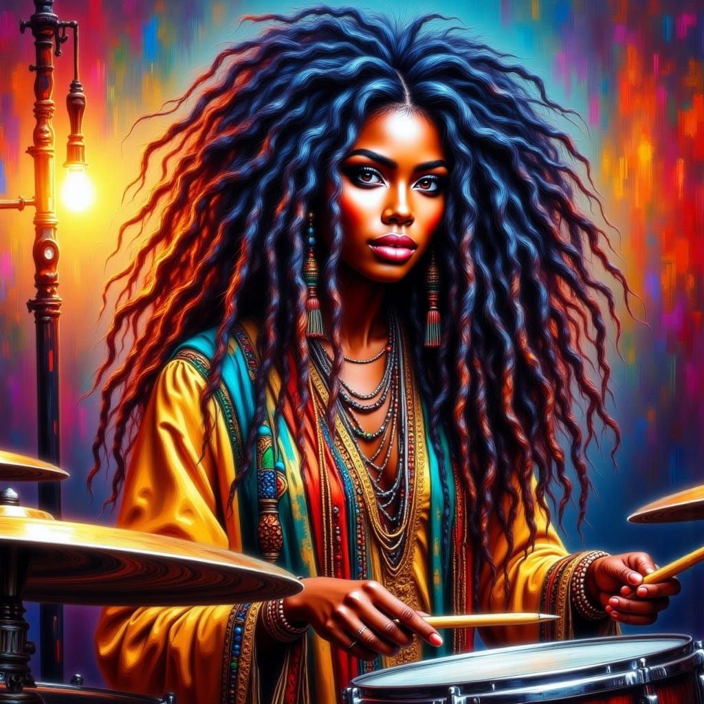 Black Rasta Woman Drummer in Splash Art Style