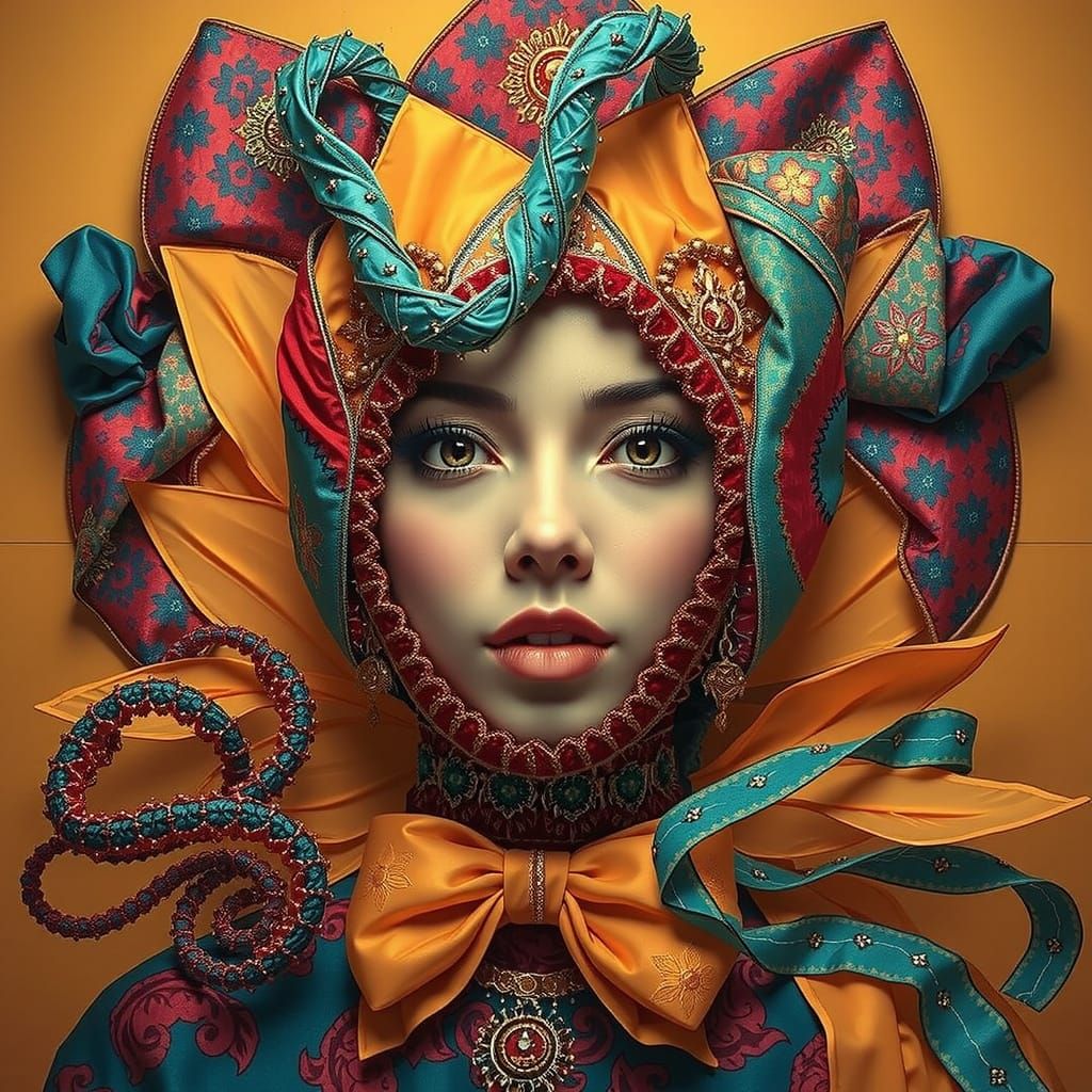 Celestial Divine Femininity with Golden Halo in Teal, Red, G...