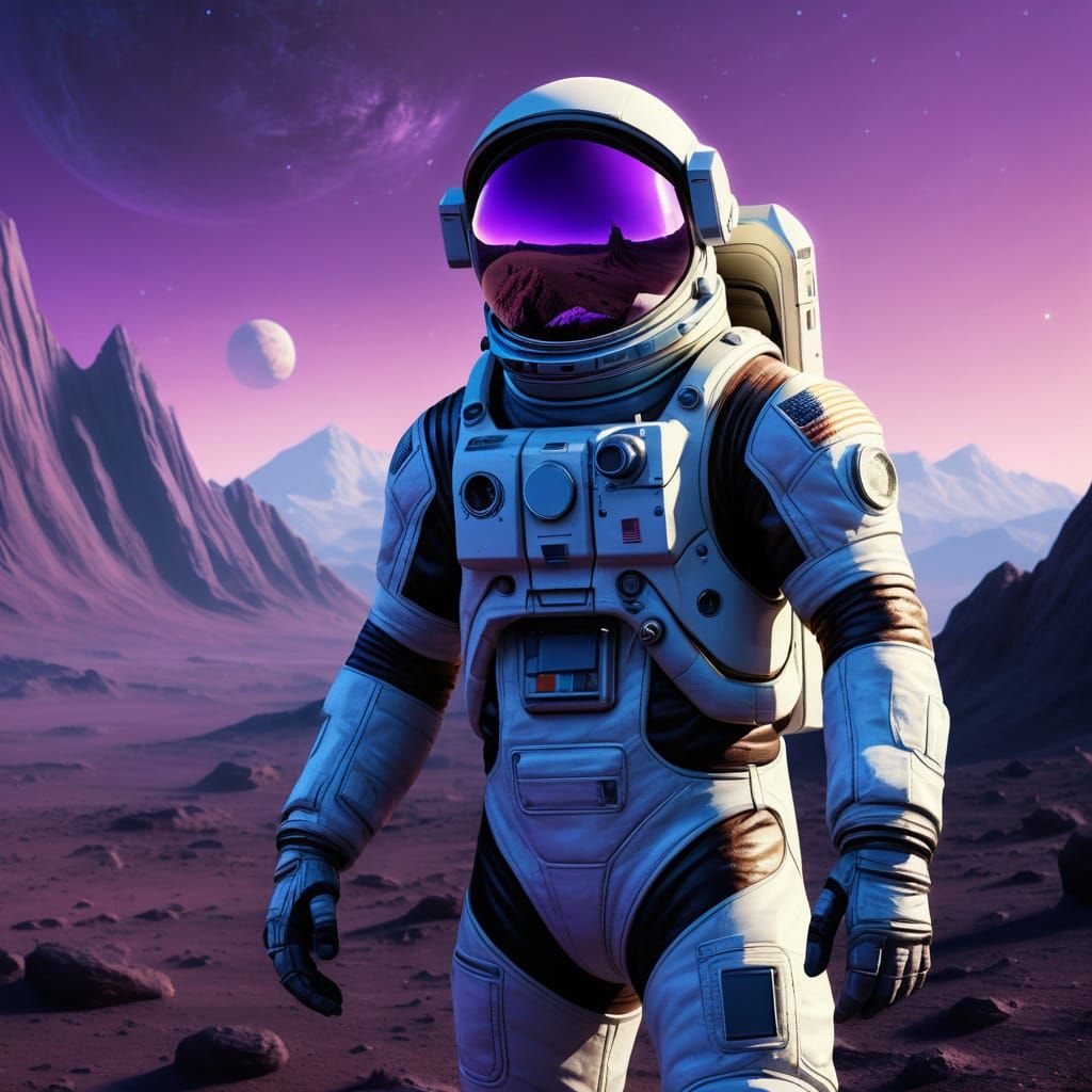 Astronaut on Alien Planet with Purple Sky