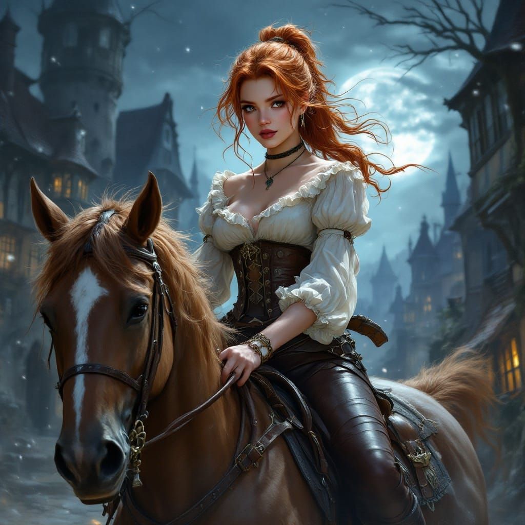 Ginger Rogue on Horseback in Medieval Village