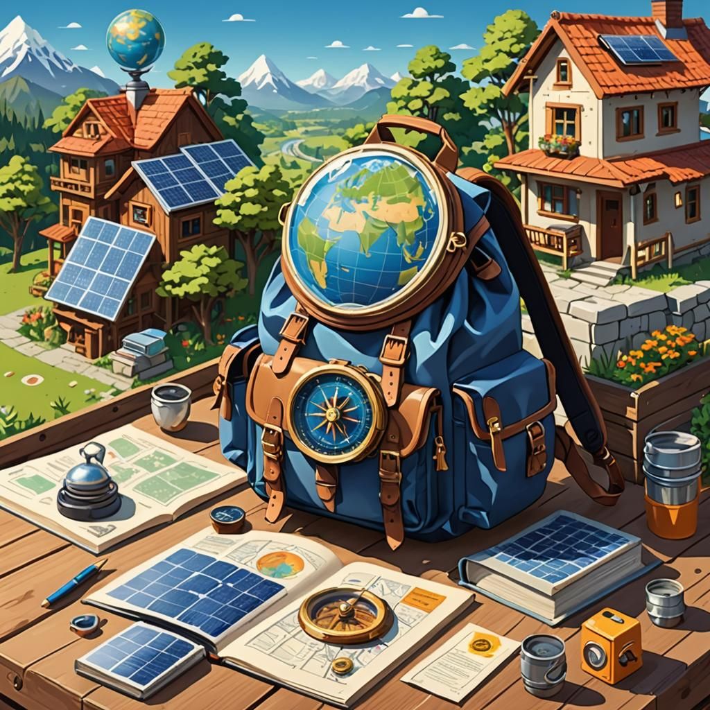 Solarpunk Travel Scene with Compass, Pixel Art
