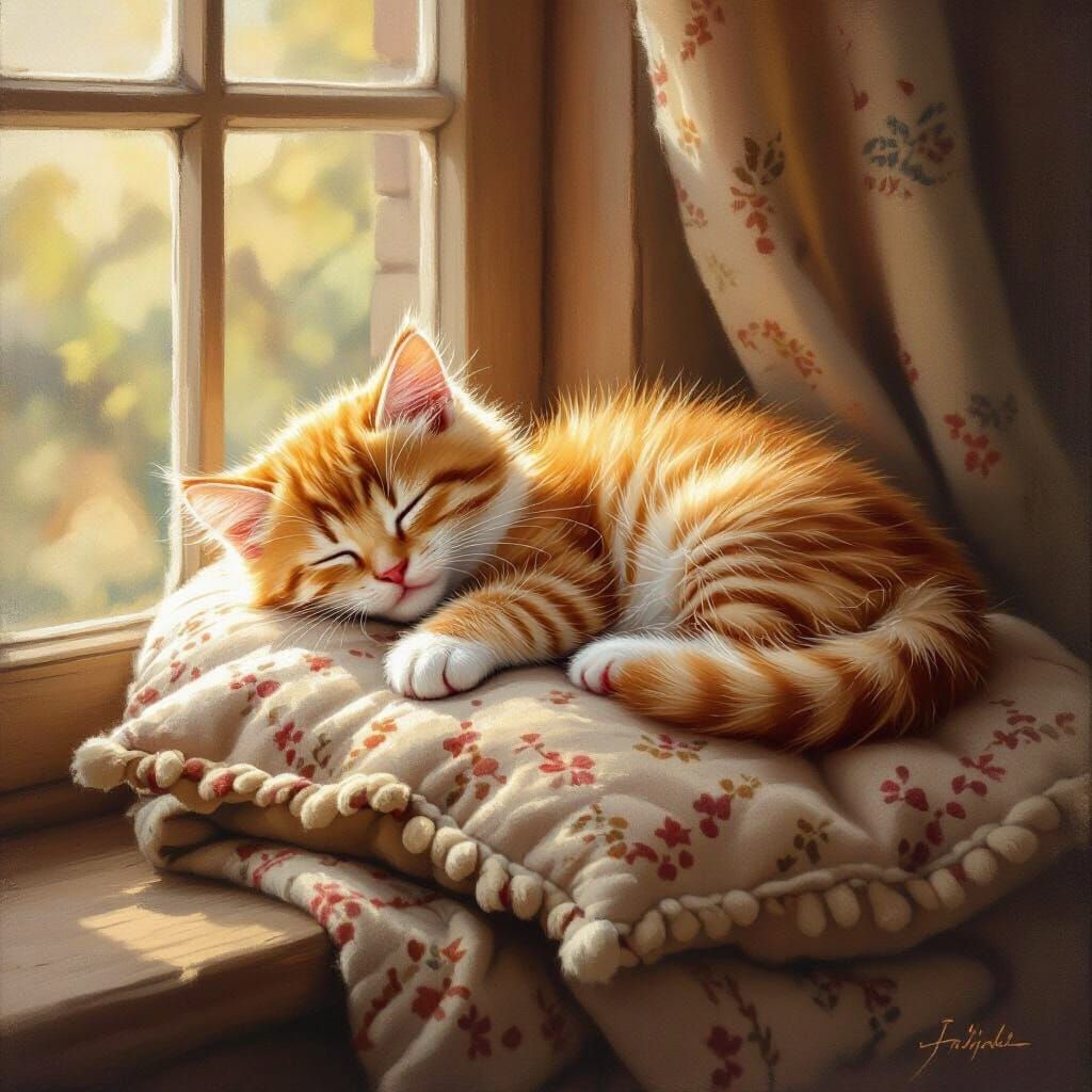 Adorable Ginger Kitten Sleeping in Sunlit Window, Oil Painti...