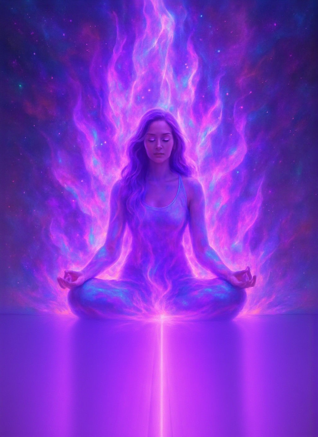 Ethereal Astral Woman Emits Vibrant Violet Flame